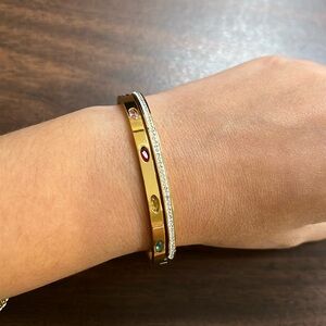 Gold plated stainless steel multi color rhinestone bangle bracelet